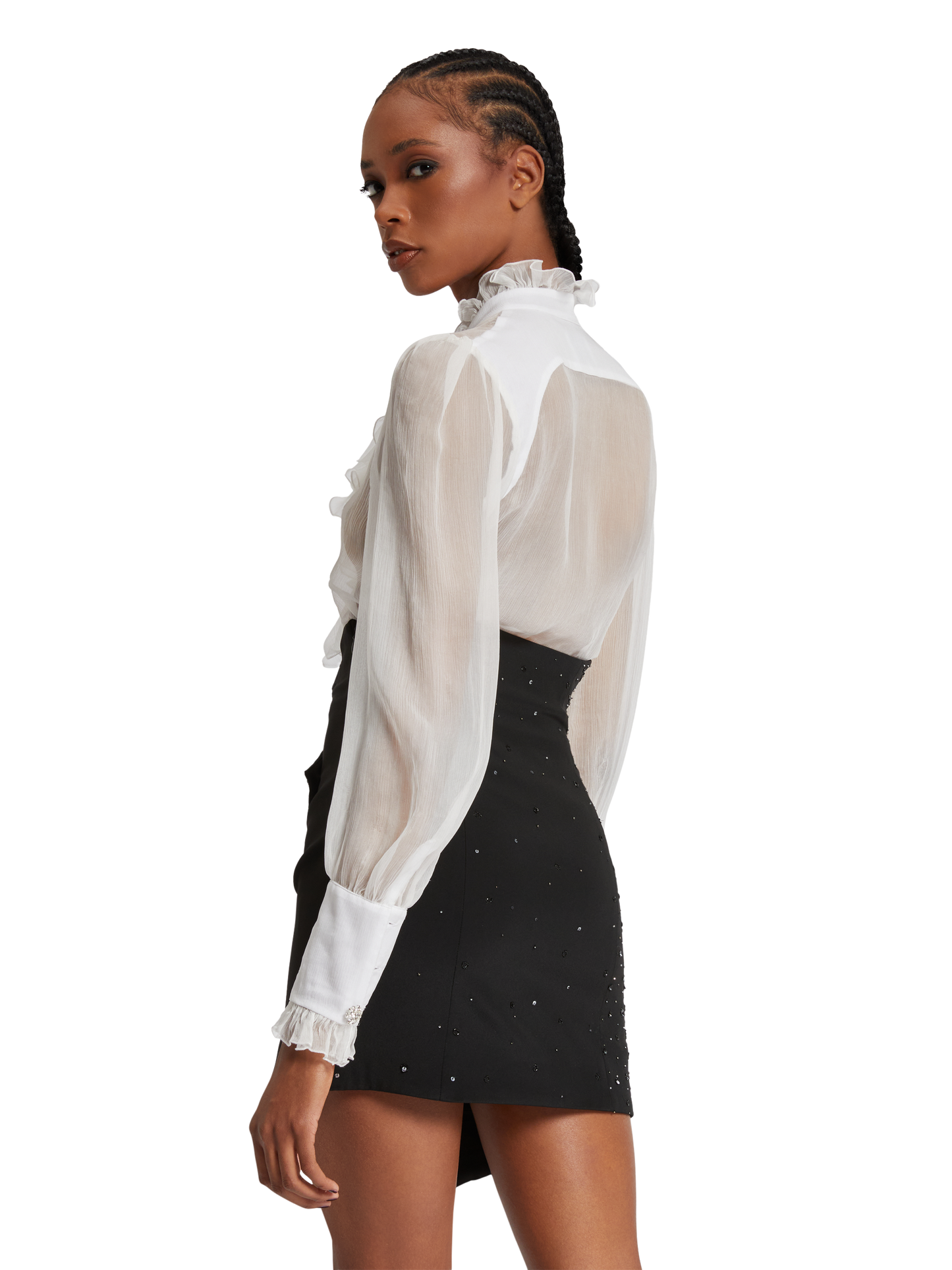 Camicia in seta con volant e bottoni gioiello