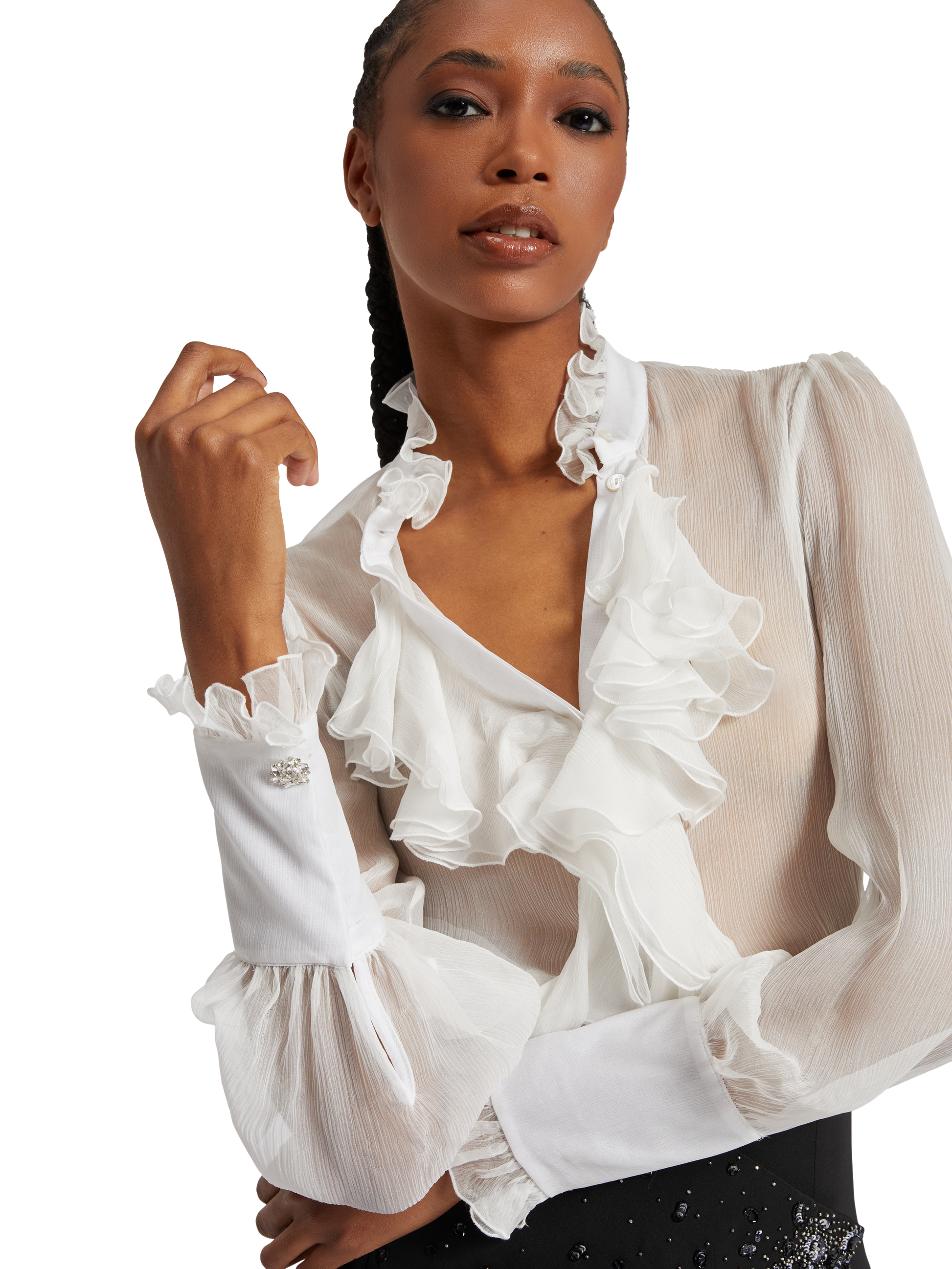 White silk ruffles shirt with jewel buttons – Redemption