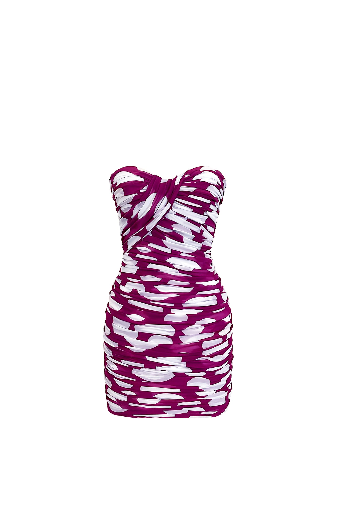 WHITE AND PURPLE POLKA DOT DRAPED MINI DRESS