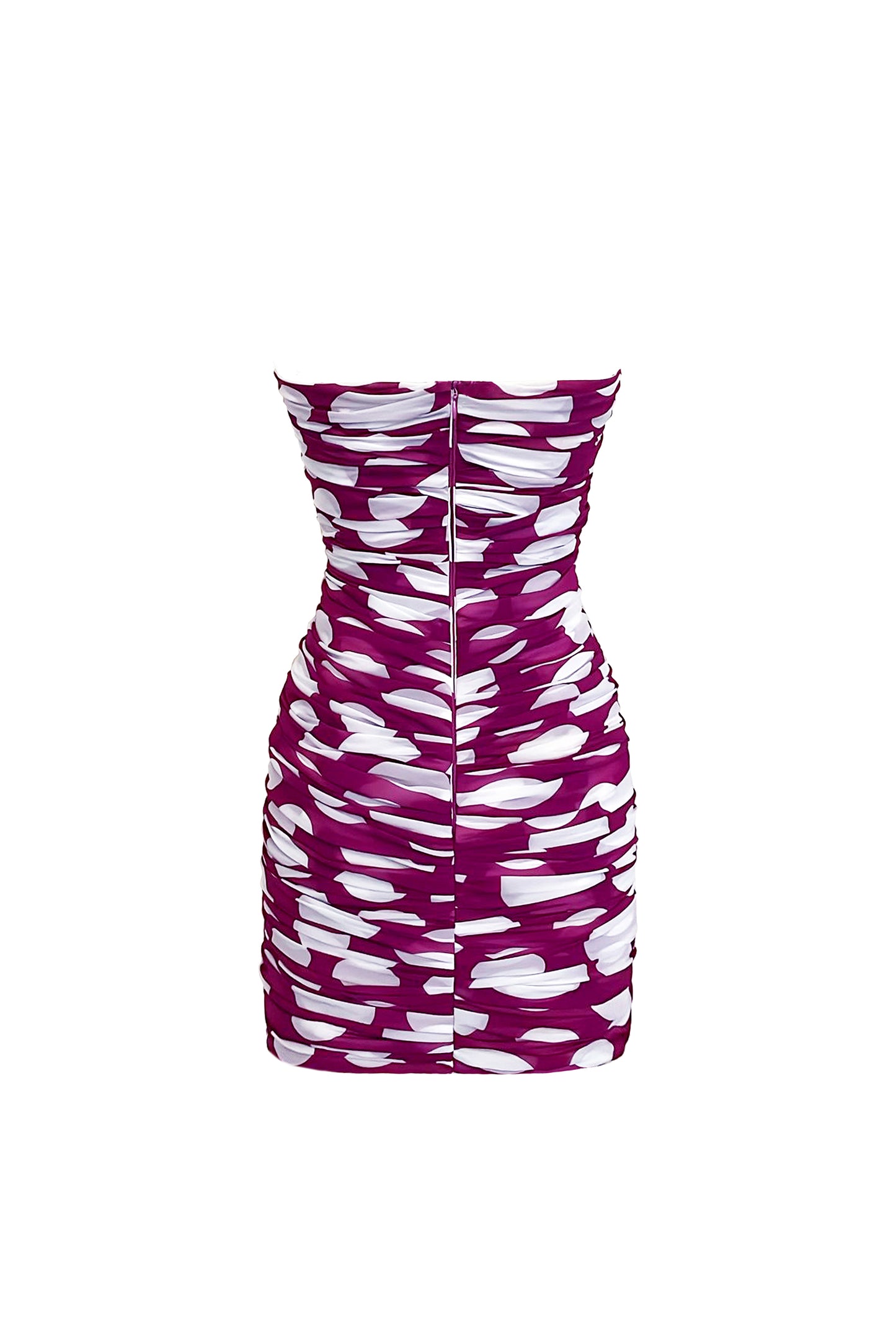 WHITE AND PURPLE POLKA DOT DRAPED MINI DRESS