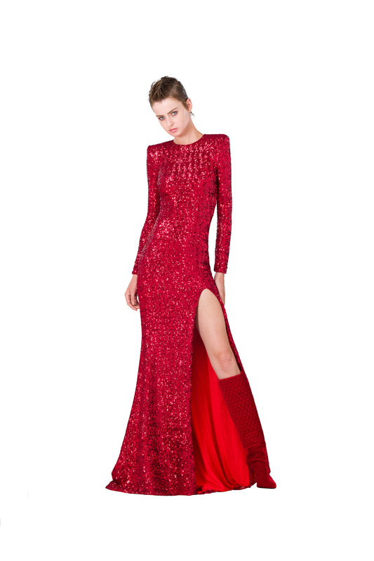 RED SEQUIND LONG DRESS