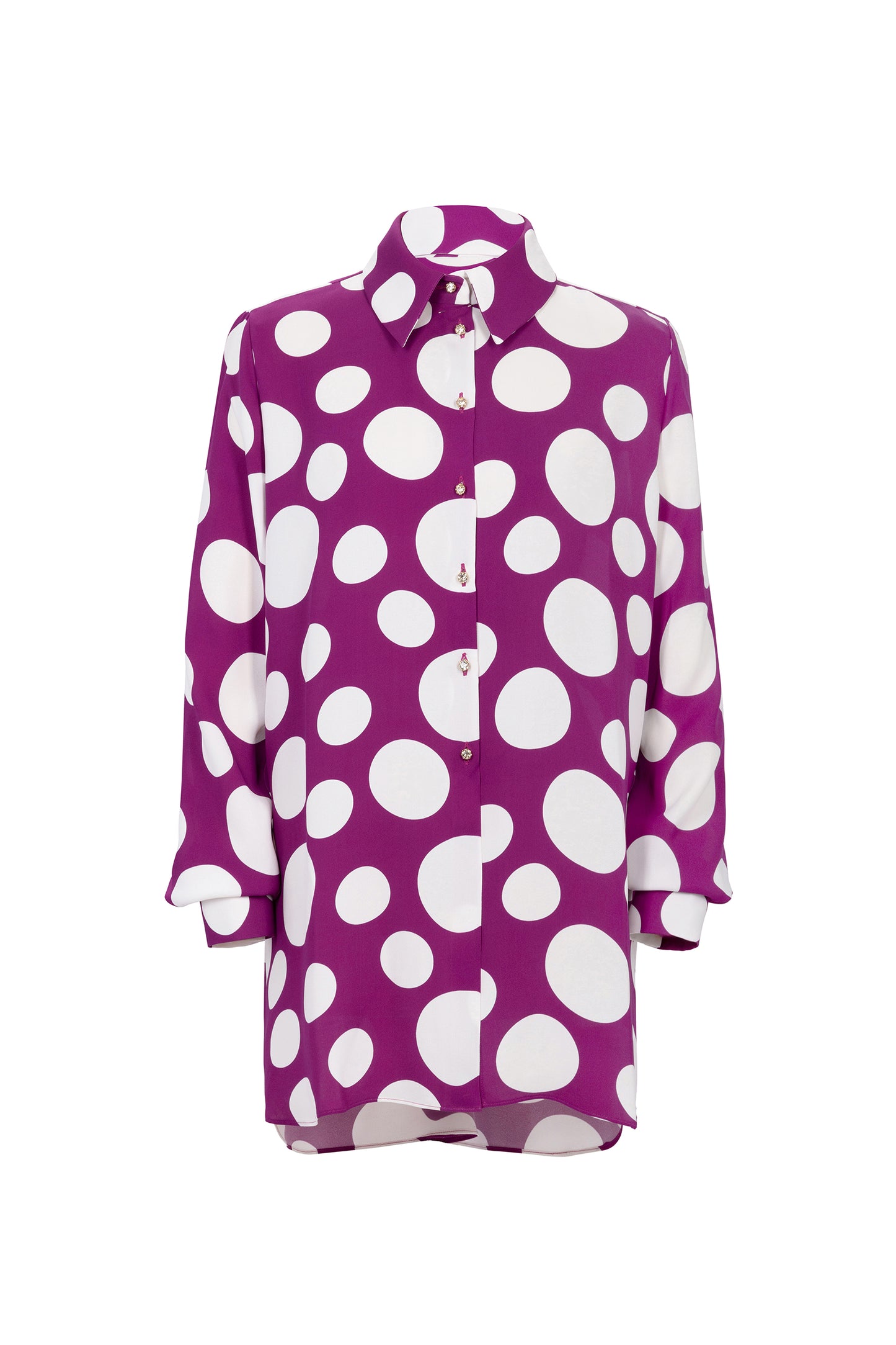 WHITE AND PURPLE POLKA DOT SHIRT