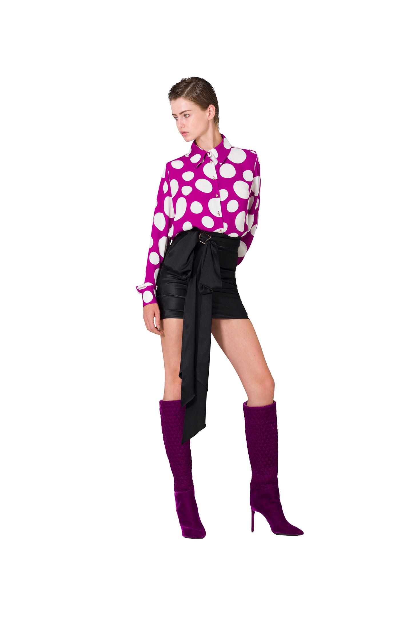WHITE AND PURPLE POLKA DOT SHIRT