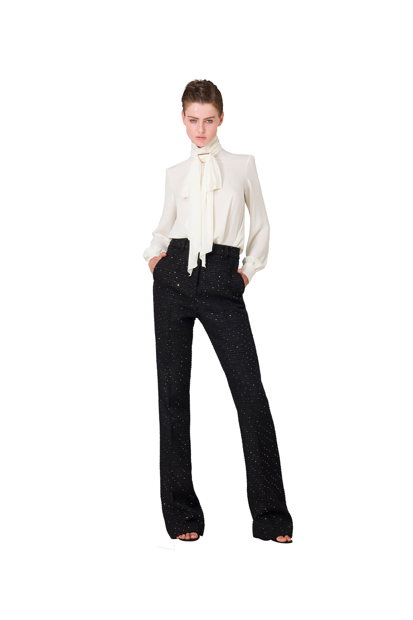 BLACK TWEED FLARE TROUSERS