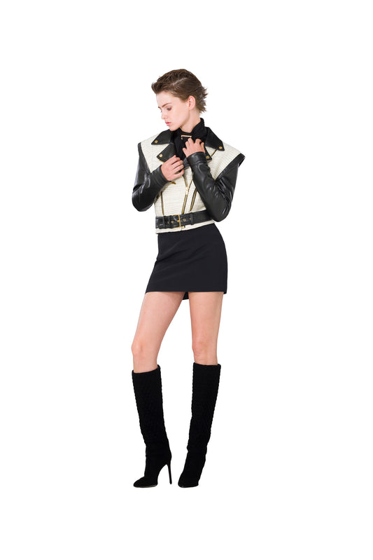 Faux-leather and tweed jacket