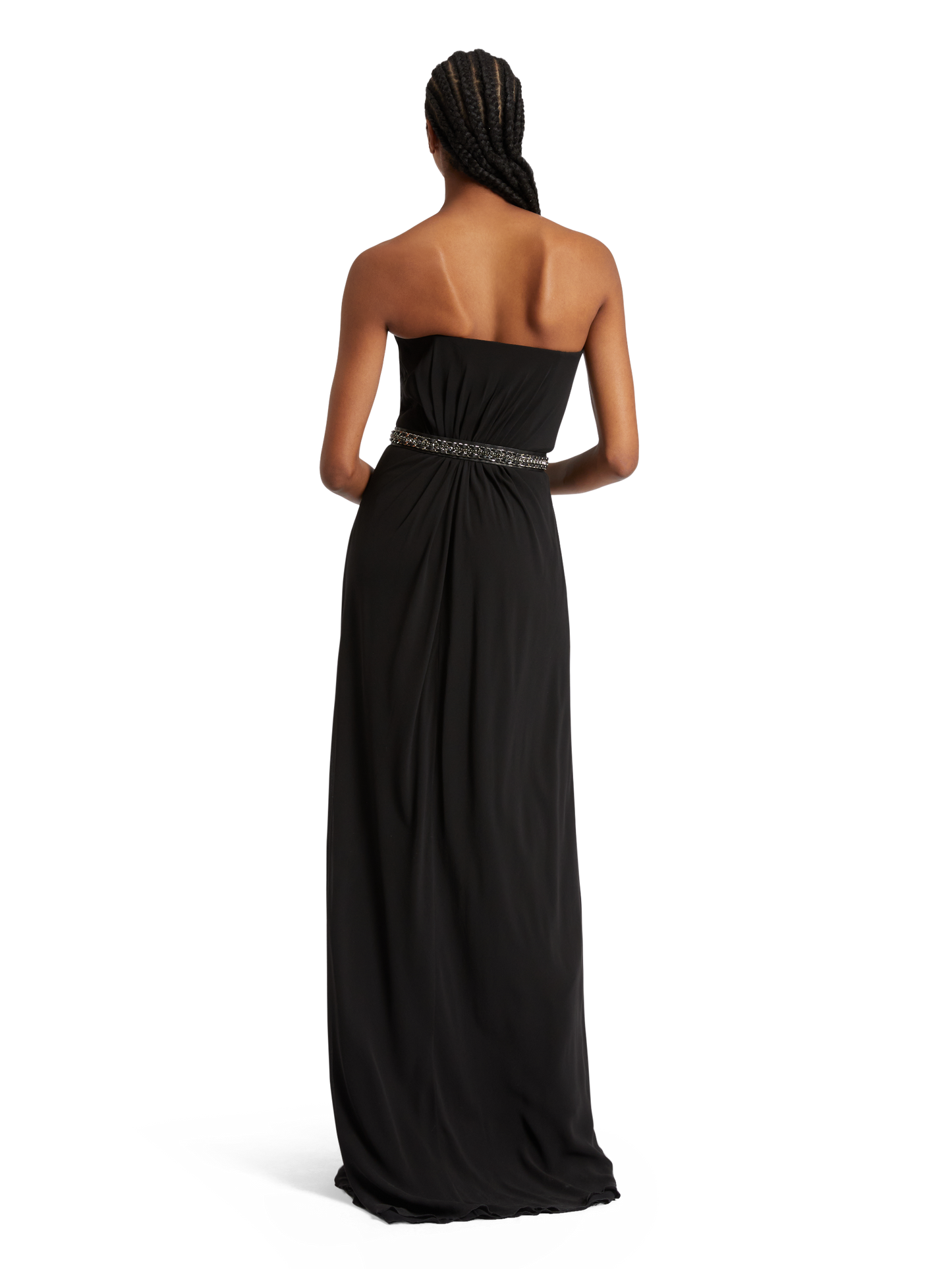 Long strapless bustier dress in silk georgette